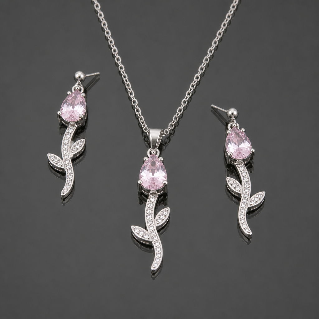 Pink Floral Necklace & Earring Set