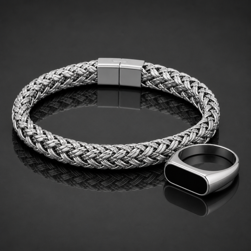 Silver woven bracelet with free signet ring