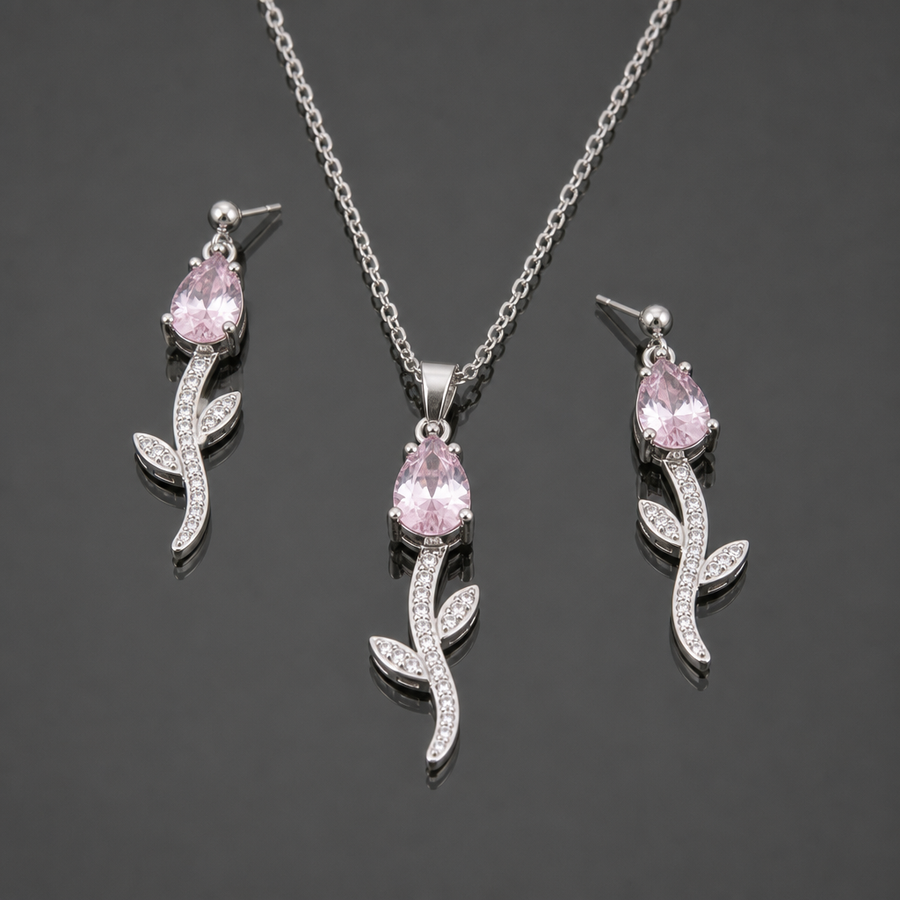 Pink Floral Necklace & Earring Set